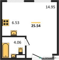 Планировка студии(апартаменты) площадью 25.54 квадратных метров в “ЖК Движение. Говорово”