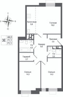 Планировка трехкомнатной(квартира) площадью 71.1 квадратных метров в “ЖК КИНОКВАРТАЛ”