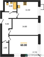 Планировка двухкомнатной(квартира) площадью 60 квадратных метров в “ЖК Skolkovo ONE (Сколково Уан)”