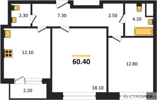 Планировка двухкомнатной(квартира) площадью 60.4 квадратных метров в “Квартал Филатов луг”