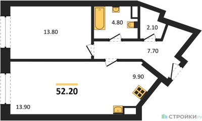 Планировка однокомнатной(квартира) площадью 52.2 квадратных метров в ЖК “ЖК Родина Переделкино”