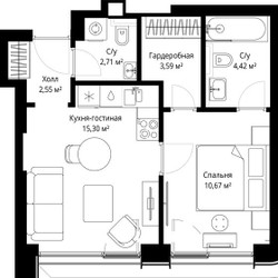Планировка однокомнатной(квартира) площадью 39.24 квадратных метров в ЖК “ЖК Сити Бэй”