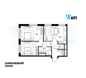 Планировка трехкомнатной(квартира) площадью 58.8 квадратных метров в ЖК “ЖК Сиреневый парк”