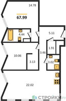 Планировка двухкомнатной(квартира) площадью 67.99 квадратных метров в “ЖК Insider (Инсайдер)”