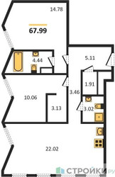 Планировка двухкомнатной(квартира) площадью 67.99 квадратных метров в ЖК “ЖК Insider (Инсайдер)”