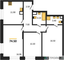 Планировка трехкомнатной(квартира) площадью 74.5 квадратных метров в “ЖК Шагал”
