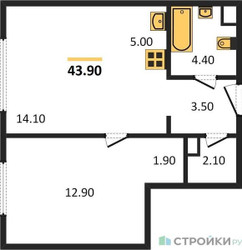 Планировка однокомнатной(квартира) площадью 43.9 квадратных метров в ЖК “Жилые кварталы Белый Град”
