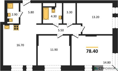 Планировка трехкомнатной(квартира) площадью 78.4 квадратных метров в ЖК “ЖК Первый Московский”