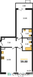 Планировка двухкомнатной(квартира) площадью 59 квадратных метров в ЖК “ЖК Деснаречье”