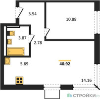 Планировка однокомнатной(квартира) площадью 40.92 квадратных метров в “ЖК Квартал Западный”