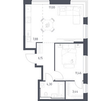 Планировка однокомнатной(квартира) площадью 50.23 квадратных метров в “ЖК Квартал Домашний”