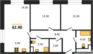 Планировка двухкомнатной(квартира) площадью 62.9 квадратных метров в “Жилые кварталы Белый Град”
