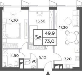 Планировка трехкомнатной(квартира) площадью 73 квадратных метров в ЖК “ЖК Will Towers (Вилл Тауэрс)”