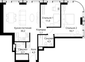 Планировка двухкомнатной(квартира) площадью 72.3 квадратных метров в “ЖК Сити Бэй”