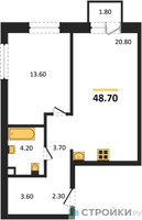 Планировка однокомнатной(квартира) площадью 48.7 квадратных метров в “ЖК Шагал”