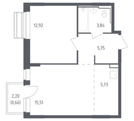 Планировка однокомнатной(квартира) площадью 44.41 квадратных метров в ЖК “ЖК Рублевский Квартал”