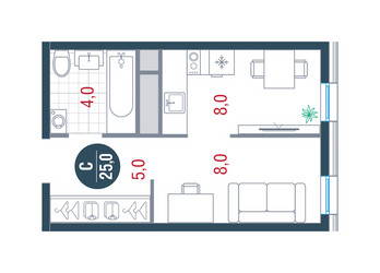 Планировка студии(квартира) площадью 25 квадратных метров в ЖК “ЖК РУСИЧ-Кантемировский”