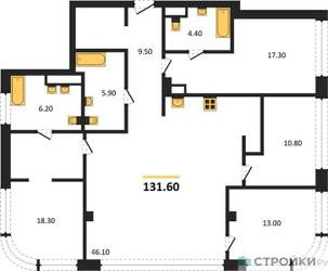 Планировка 4+ комнатной(квартира) площадью 131.6 квадратных метров в ЖК “ЖК Остров”