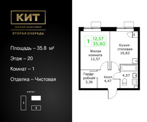Планировка однокомнатной(квартира) площадью 35.8 квадратных метров в ЖК “ЖК КИТ 2”