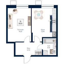 Планировка однокомнатной(квартира) площадью 39.05 квадратных метров в ЖК “ЖК Бархат”