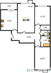Планировка трехкомнатной(квартира) площадью 83.9 квадратных метров в ЖК “ЖК 1-й Ленинградский (Первый Ленинградский)”