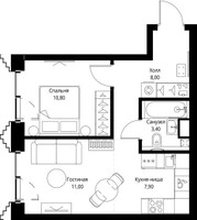 Планировка однокомнатной(квартира) площадью 41.5 квадратных метров в “ЖК СЕТ”