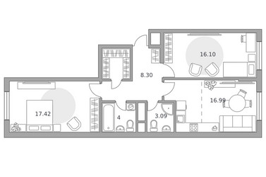 Планировка двухкомнатной(квартира) площадью 69.58 квадратных метров в ЖК “ЖК Новая Алексеевская роща”