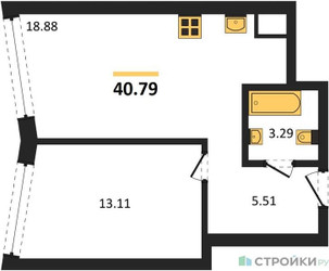 Планировка однокомнатной(квартира) площадью 40.79 квадратных метров в ЖК “UNO Горбунова”