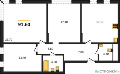 Планировка трехкомнатной(квартира) площадью 91.6 квадратных метров в ЖК “ЖК Переделкино Ближнее”