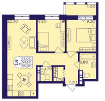 Планировка трехкомнатной(квартира) площадью 55.8 квадратных метров в “ЖК Героев”