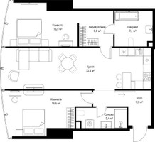 Планировка двухкомнатной(квартира) площадью 90.6 квадратных метров в “ЖК ОНЕ”