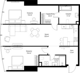 Планировка двухкомнатной(квартира) площадью 90.6 квадратных метров в ЖК “ЖК ОНЕ”