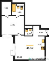 Планировка однокомнатной(квартира) площадью 45.1 квадратных метров в “ЖК Новая Щербинка”