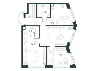 Планировка трехкомнатной(квартира) площадью 68.4 квадратных метров в ЖК “ЖК Левел Мичуринский”