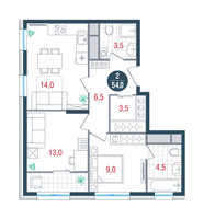 Планировка двухкомнатной(квартира) площадью 54 квадратных метров в “ЖК РУСИЧ-Кантемировский”