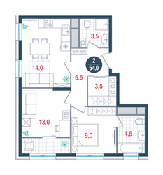 Планировка двухкомнатной(квартира) площадью 54 квадратных метров в ЖК “ЖК РУСИЧ-Кантемировский”