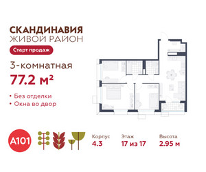 Планировка трехкомнатной(квартира) площадью 77.2 квадратных метров в ЖК “ЖК Скандинавия”