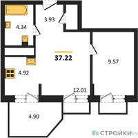Планировка однокомнатной(квартира) площадью 37.22 квадратных метров в “ЖК ВОСТОК II”