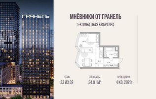 Планировка однокомнатной(квартира) площадью 34.91 квадратных метров в “ЖК Мневники от Гранель”