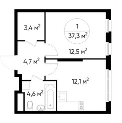 Планировка однокомнатной(квартира) площадью 37.3 квадратных метров в ЖК “ЖК Переделкино Ближнее”