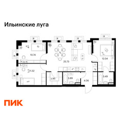 Планировка трехкомнатной(квартира) площадью 75.22 квадратных метров в ЖК “ЖК Ильинские луга”