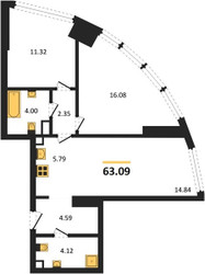 Планировка двухкомнатной(квартира) площадью 63.09 квадратных метров в ЖК “ЖК Солос”