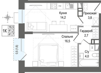 Планировка однокомнатной(квартира) площадью 41.2 квадратных метров в ЖК “ЖК КИНОКВАРТАЛ”