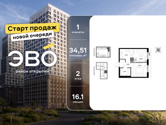 Планировка однокомнатной(квартира) площадью 34.51 квадратных метров в ЖК “ЖК ЭВО”