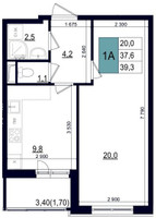 Планировка однокомнатной(квартира) площадью 39.3 квадратных метров в “ЖК Одинцово Сити”