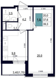 Планировка однокомнатной(квартира) площадью 39.3 квадратных метров в ЖК “ЖК Одинцово Сити”