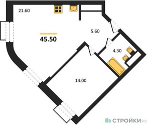 Планировка однокомнатной(квартира) площадью 45.5 квадратных метров в ЖК “ЖК Резиденции Сколково”