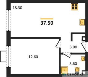 Планировка однокомнатной(квартира) площадью 37.6 квадратных метров в ЖК “ЖК Лучи-2”