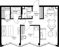 Планировка двухкомнатной(квартира) площадью 58.13 квадратных метров в “Дом премиум-класса МИРА”