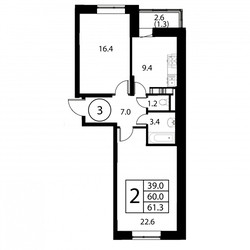 Планировка двухкомнатной(квартира) площадью 61.3 квадратных метров в ЖК “ЖК Космос”